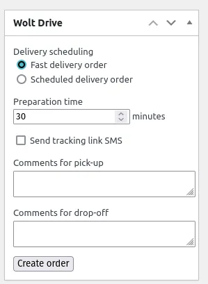 The order widget, where the shop manage can manually create a new Wolt Drive order.