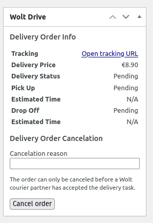 The order info widget, where the shop manager can track the Wolt Drive order.