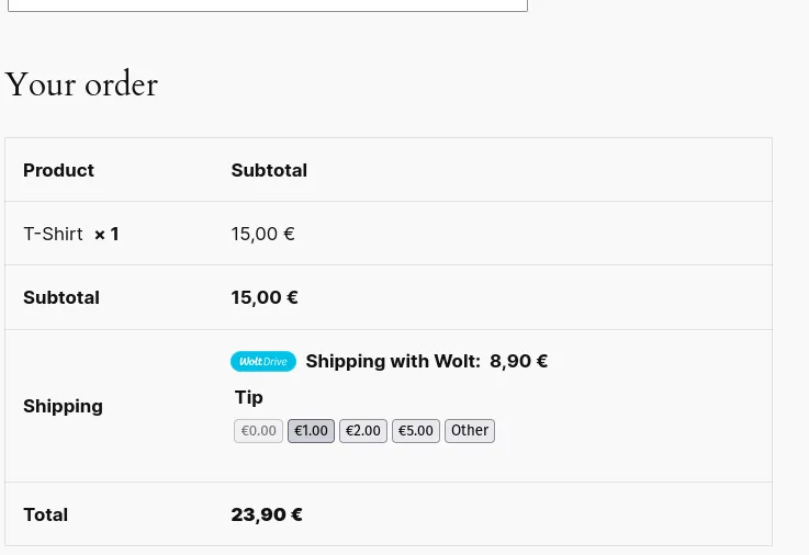 Wolt Drive Checkout, using the manual configuration option.