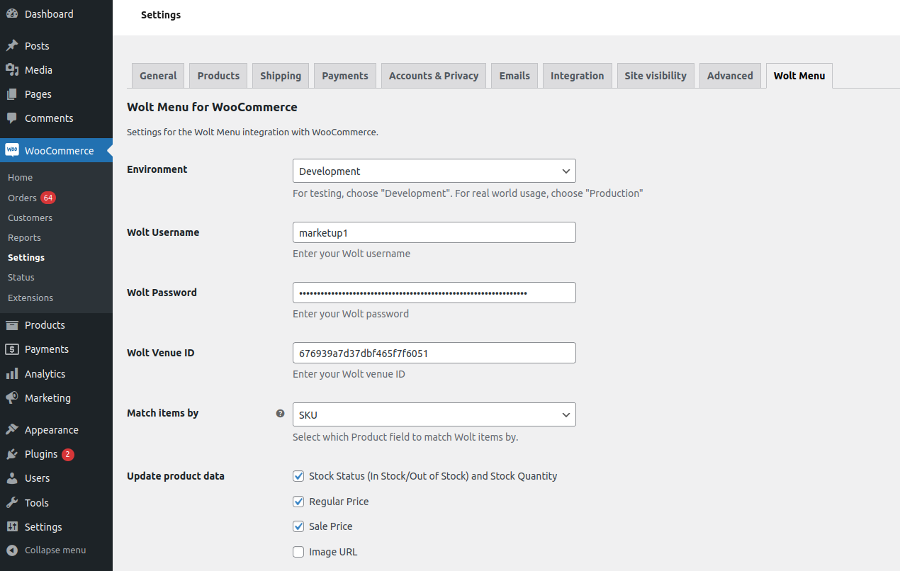 Settings options