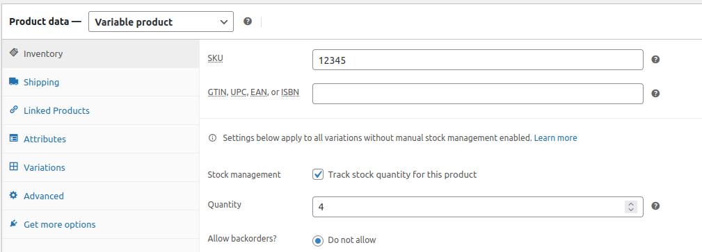 A woocommerce variable product