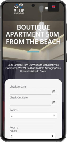 mobile device shows blue boutique hotel website