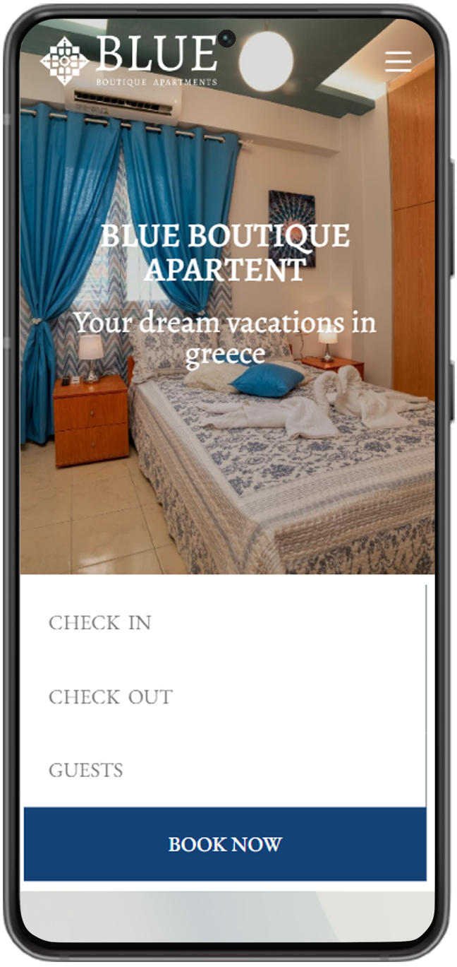 mobile device shows blue boutique hotel website