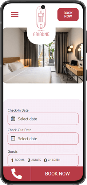 mobile device shows domus ariadne hotel website