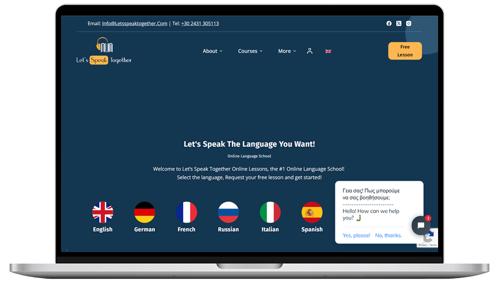 Η φορητή συσκευή εμφανίζει τον ιστότοπο του διαδικτυακού σχολείου ξένων γλωσσών Let's Speak Together