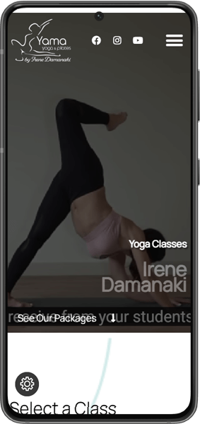 Η κινητή συσκευή εμφανίζει την ιστοσελίδα του yama yoga studio