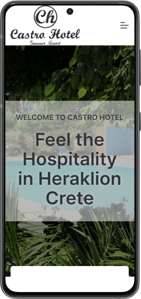 η κινητή συσκευή εμφανίζει την ιστοσελίδα του ξενοδοχείου castro