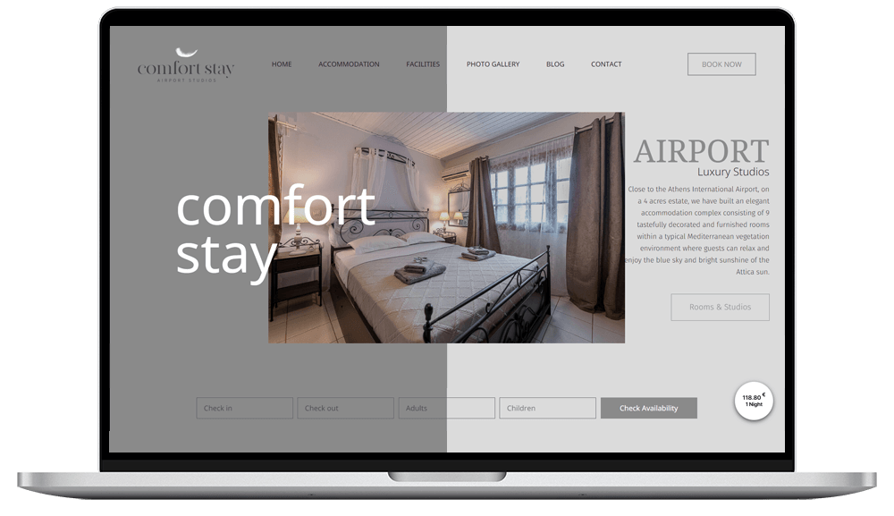 Η επιτραπέζια συσκευή εμφανίζει την ιστοσελίδα του ξενοδοχείου comfort stay