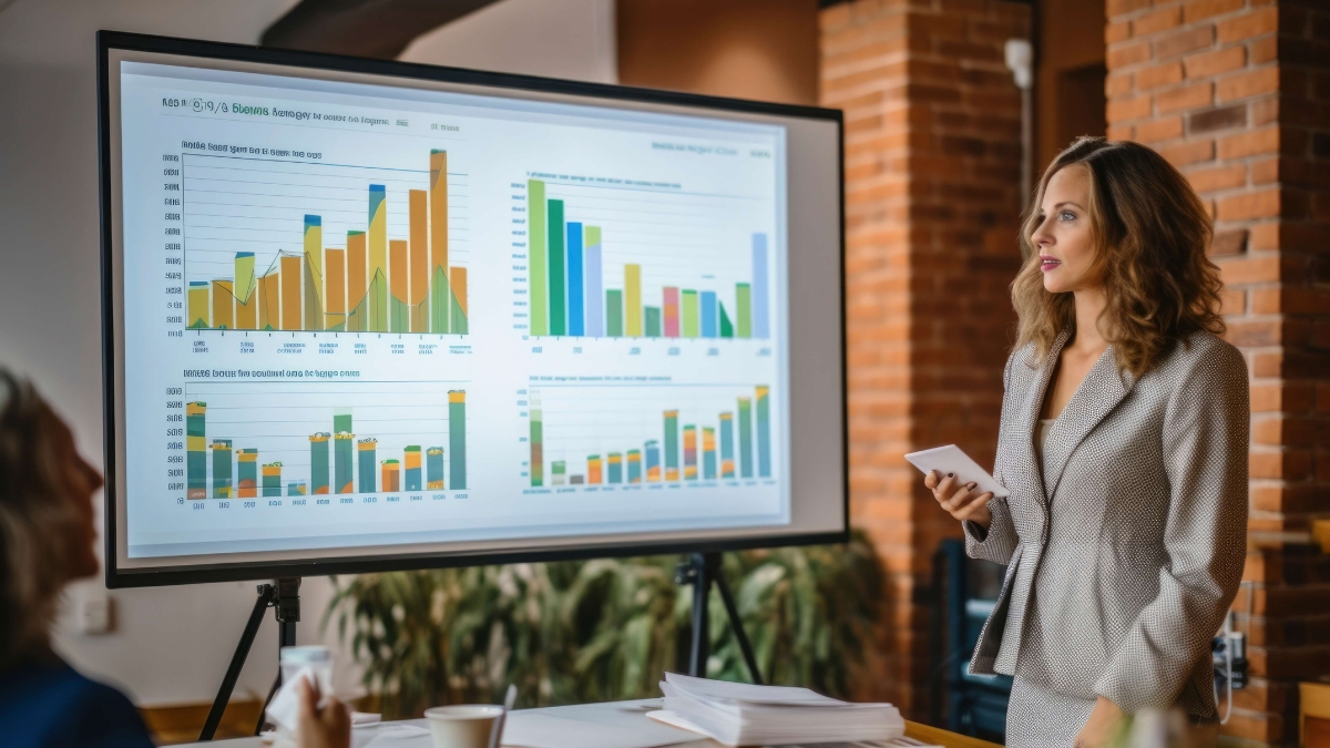 A woman shows data analytics