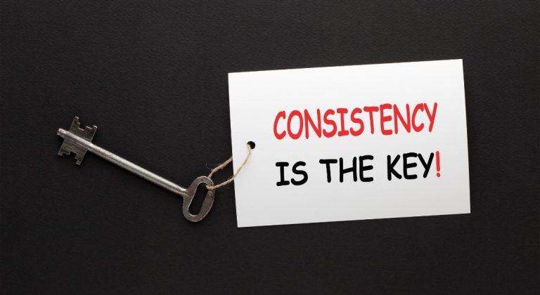 The power of consistency in your brand’s digital presence. The image shows a key and a logo that says "consistancty is the key"
